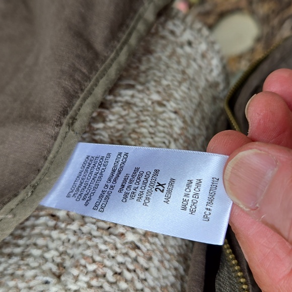 DEMOCRACY EUC Army Green jacket w Beige crochet back panel SZ. 2X - Picture 10 of 11